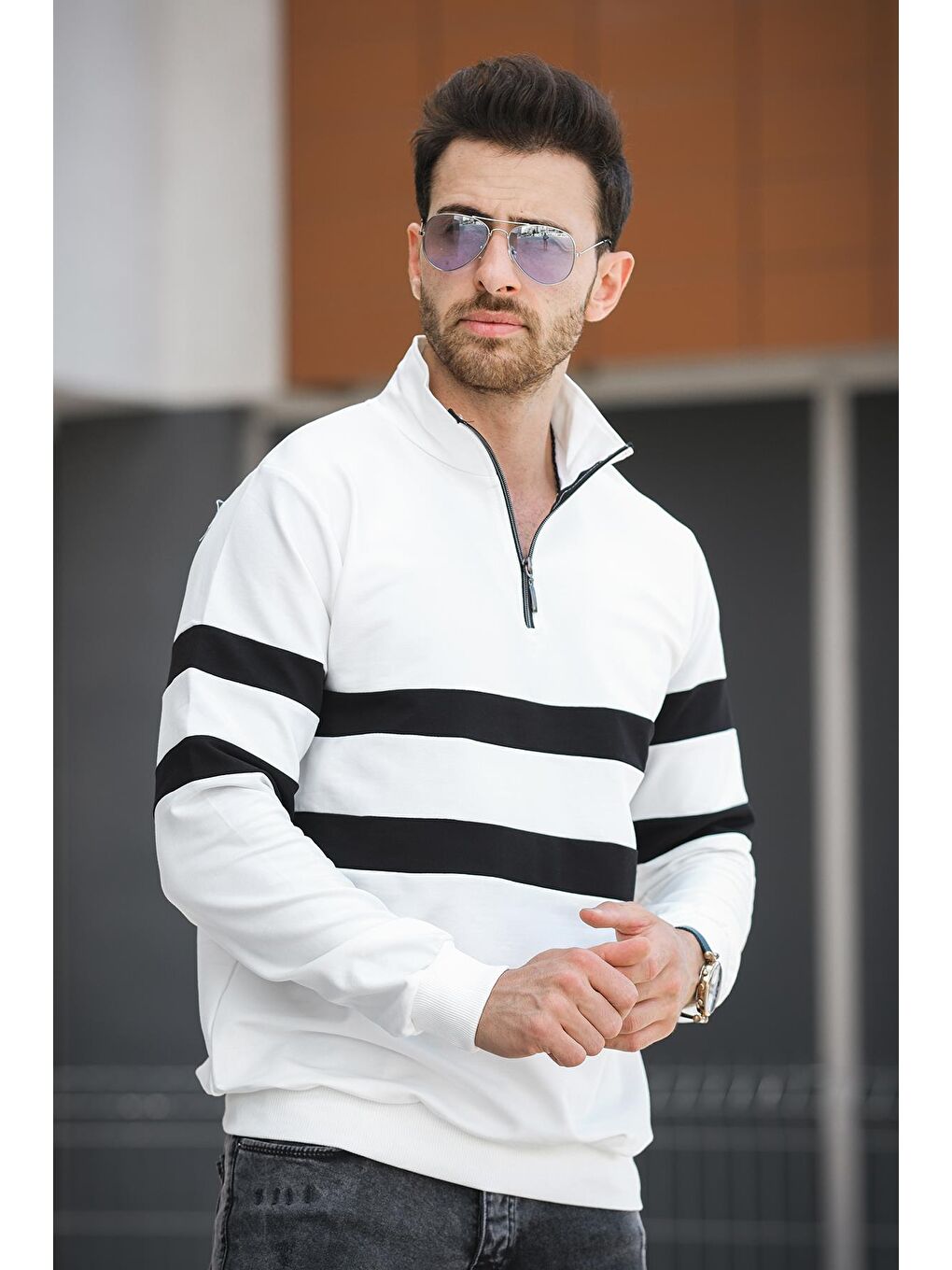 Beyaz Nepido Çift Renkli Yarım Fermuarlı Balıkçı Yaka Erkek Sweatshirt