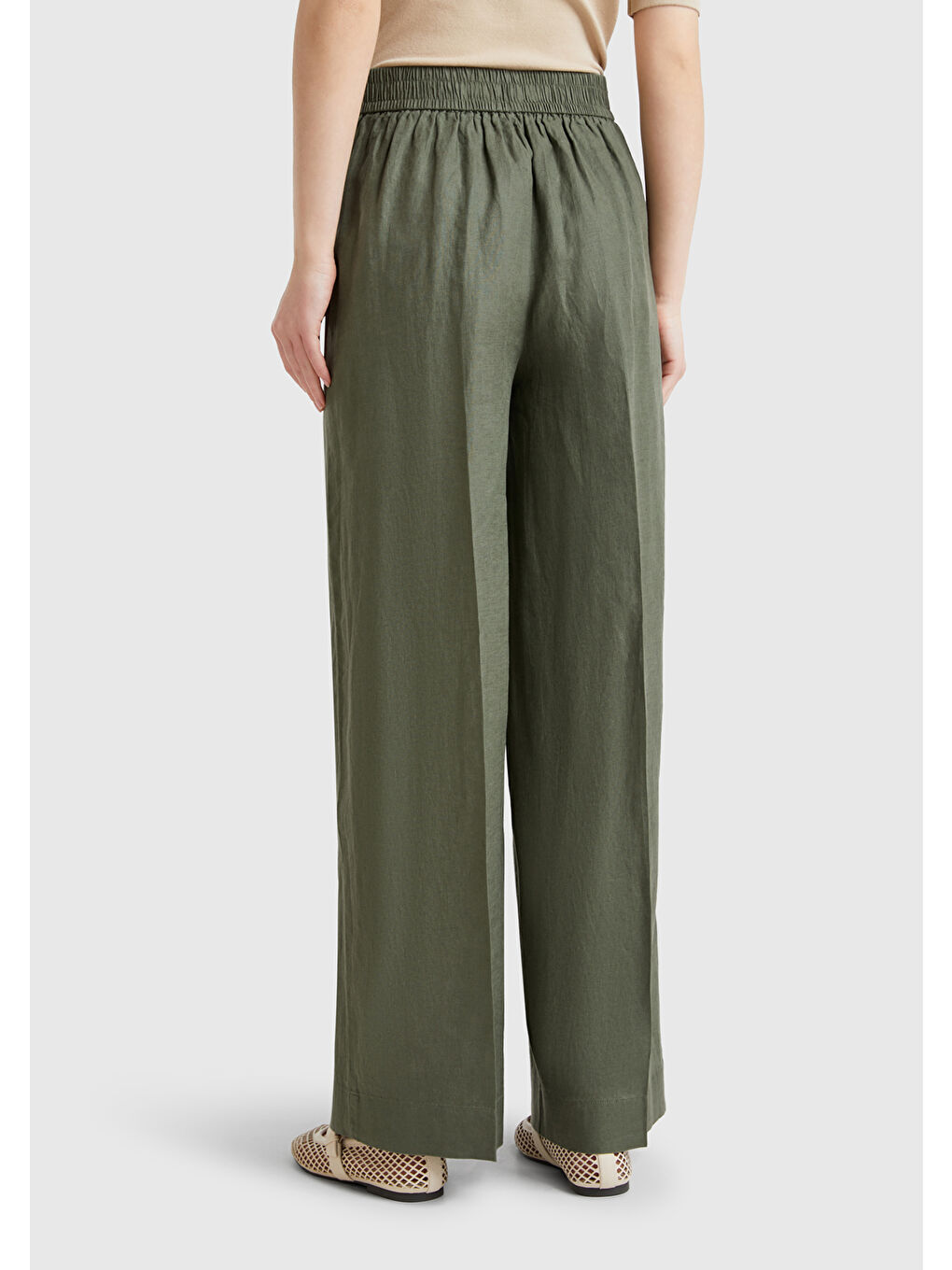Kadın Haki %100 Keten Yan Cepli Arka Beli Lastikli Palazzo Pantolon-2
