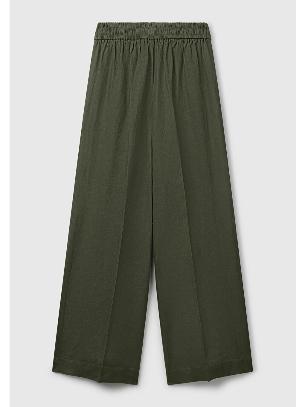 Kadın Haki %100 Keten Yan Cepli Arka Beli Lastikli Palazzo Pantolon-3