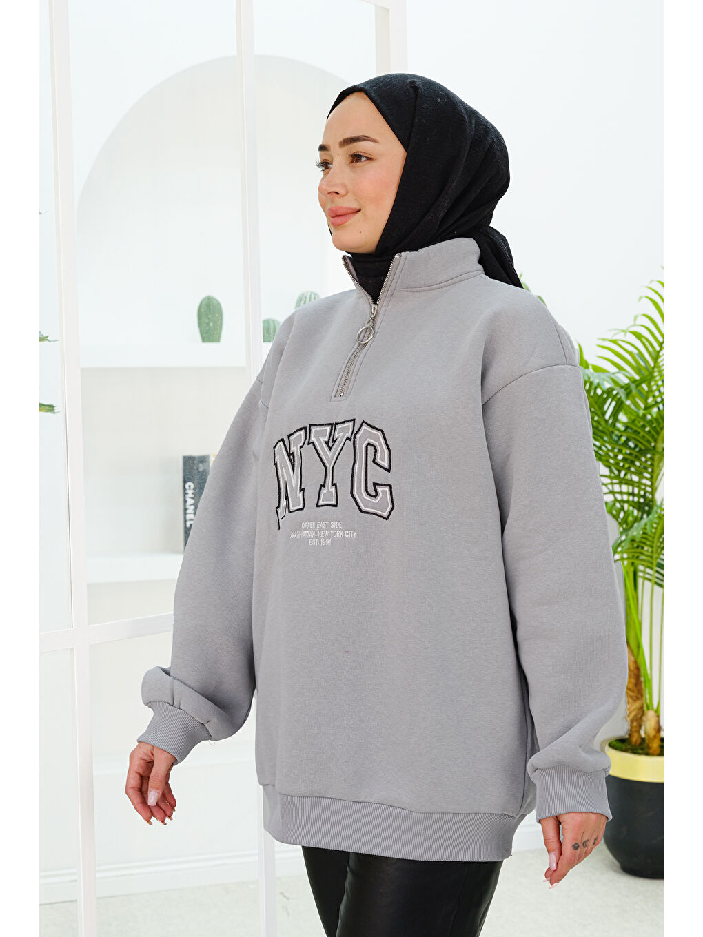 Locco Moda NYC Baskılı Yarım Fermuarlı Sweat Gri - 1