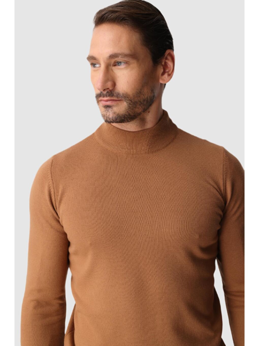 Kahverengi Açık Kahve Dar Kalıp Yarım Balıkçı Düz Uzun Kollu Triko-1