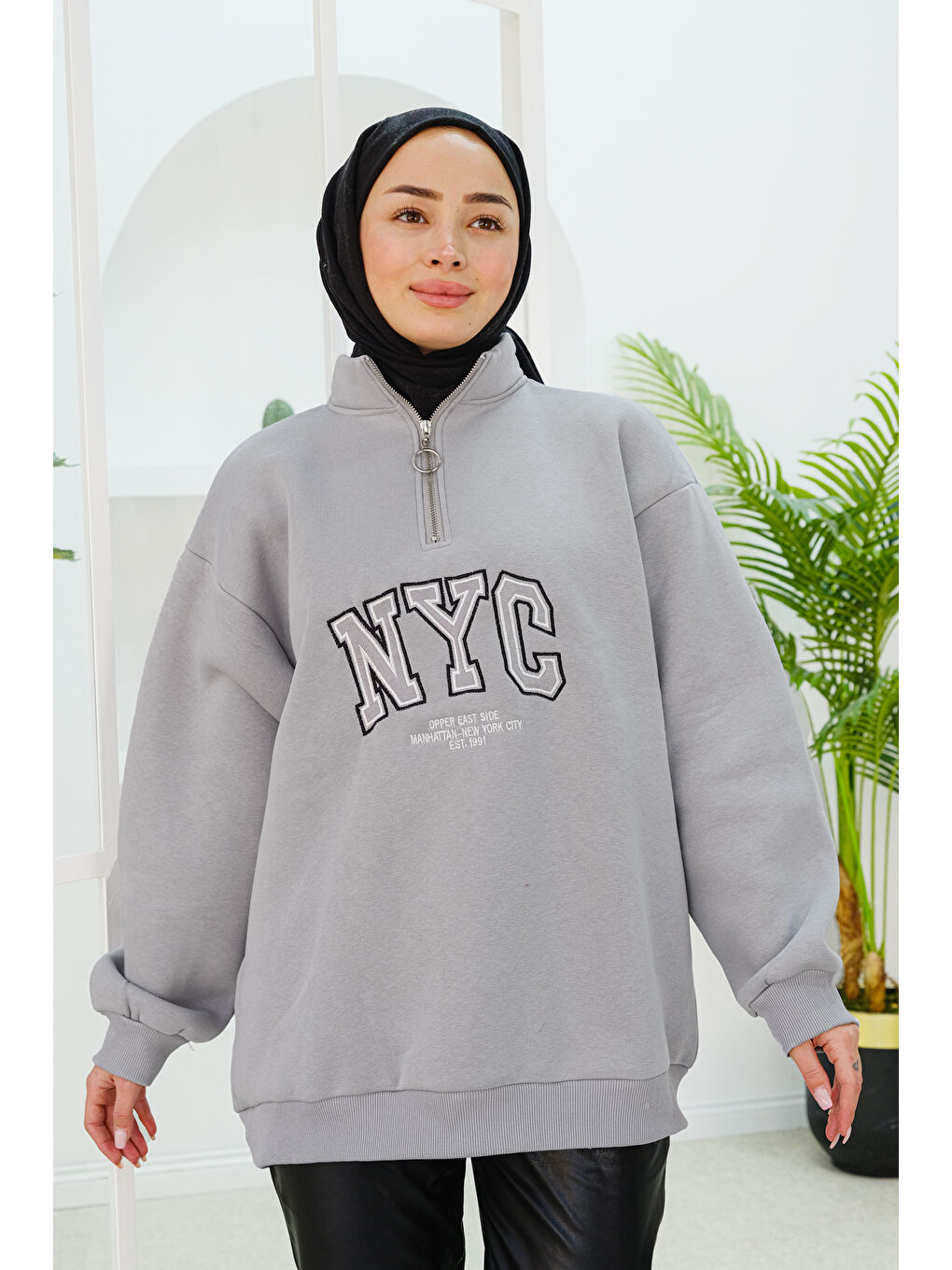 Locco Moda NYC Baskılı Yarım Fermuarlı Sweat Gri - 2