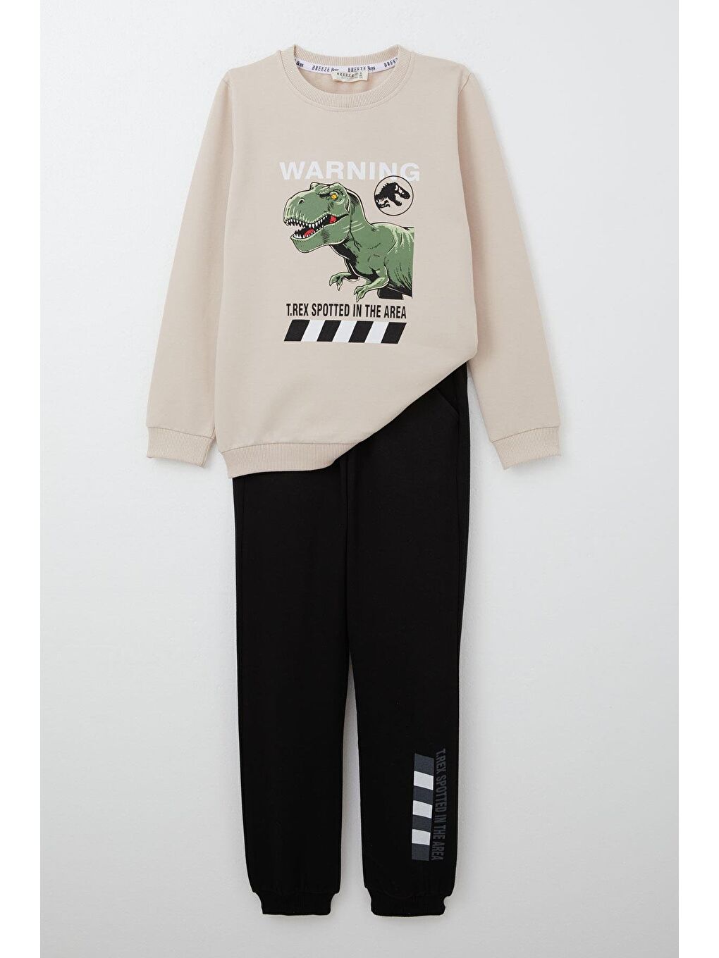 Erkek Çocuk Eşofman Takım Savaşçı Dinozor Baskılı Bej (4-8 Yaş)