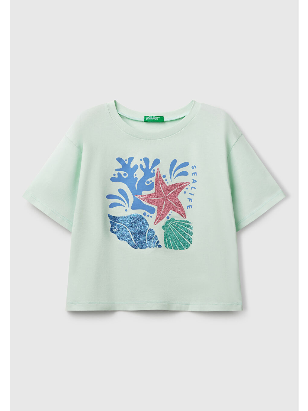 Turkuaz Kız Çocuk Su Yeşili Parlak Baskılı Bisiklet Yaka T-Shirt