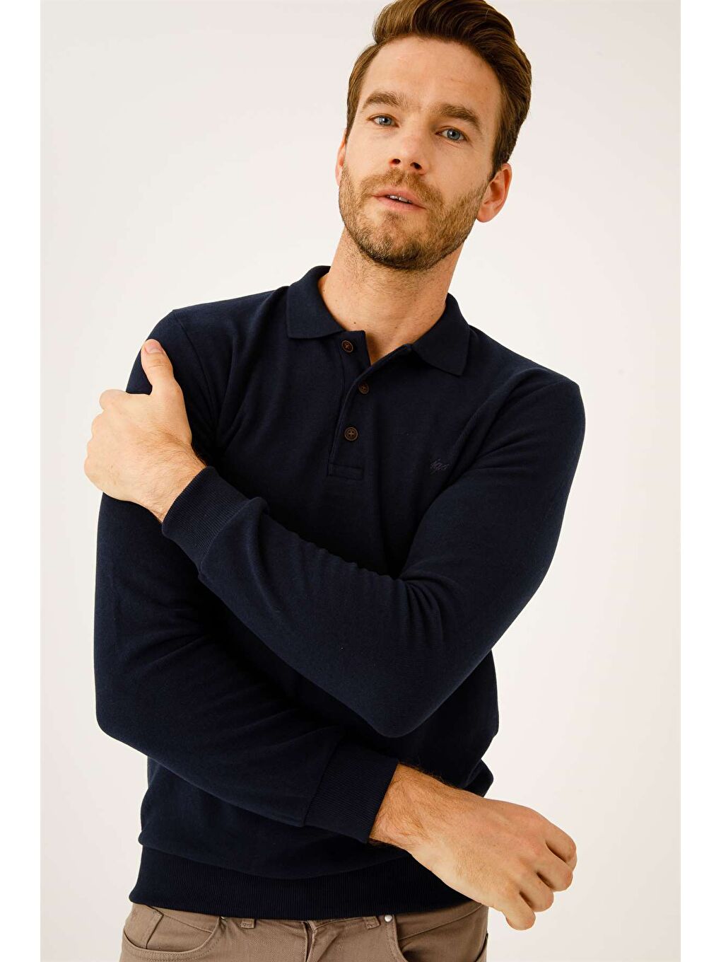 Lacivert Standart Fit Dar Kalıp Polo Yaka Düz Uzun Kollu Triko-3