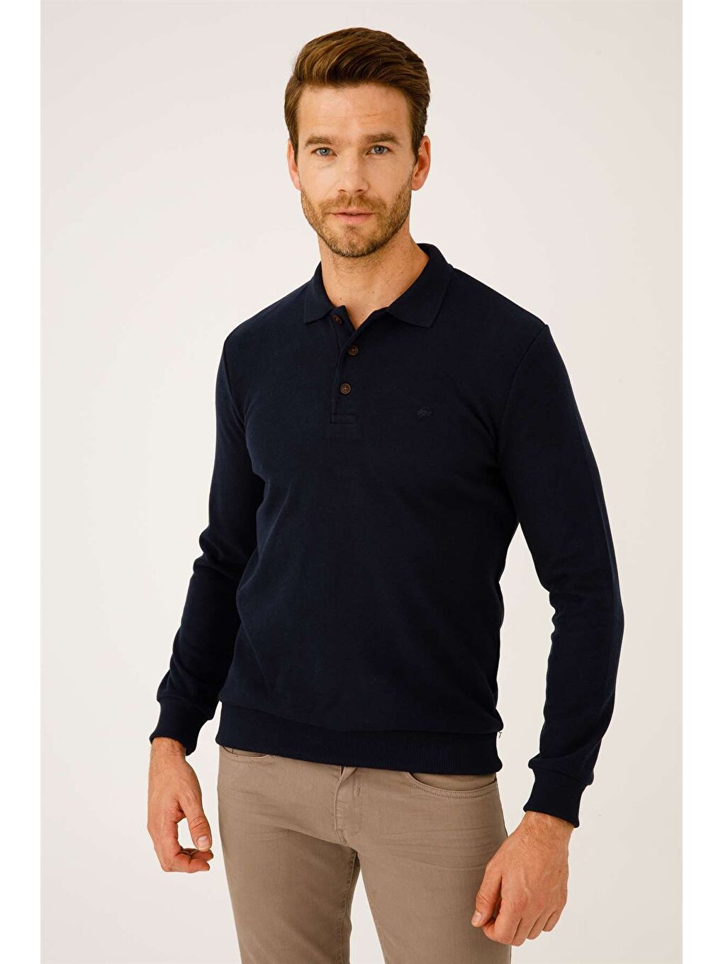 Lacivert Standart Fit Dar Kalıp Polo Yaka Düz Uzun Kollu Triko-4