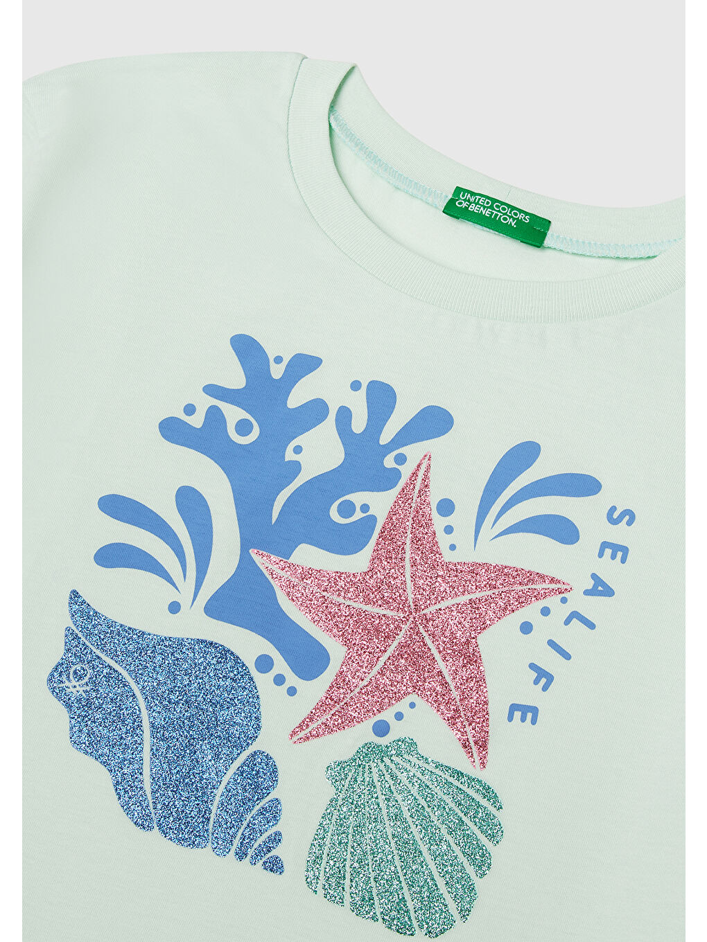 Turkuaz Kız Çocuk Su Yeşili Parlak Baskılı Bisiklet Yaka T-Shirt-2