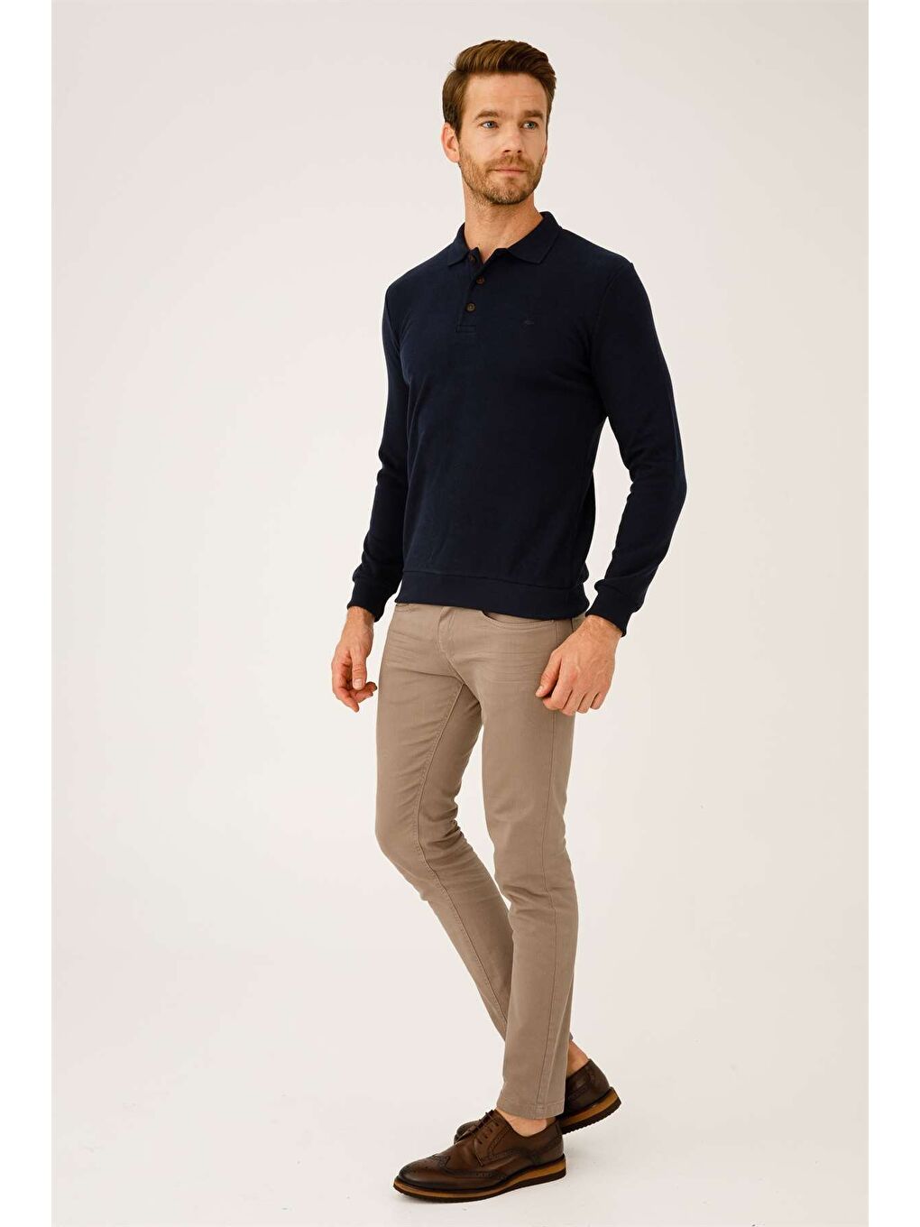 Lacivert Standart Fit Dar Kalıp Polo Yaka Düz Uzun Kollu Triko-5