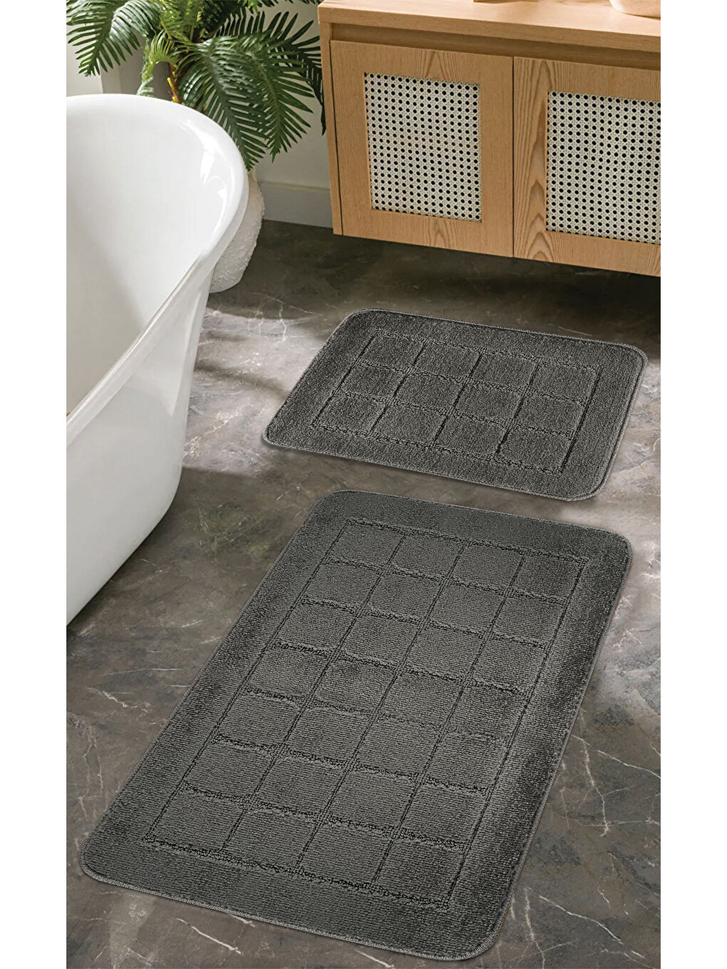 Doğal Kaymaz Taban Banyo Paspas Uzun Ömürlü Yumuşak Su Emici Yazılı Paspas Kareli Set-Antrasit
