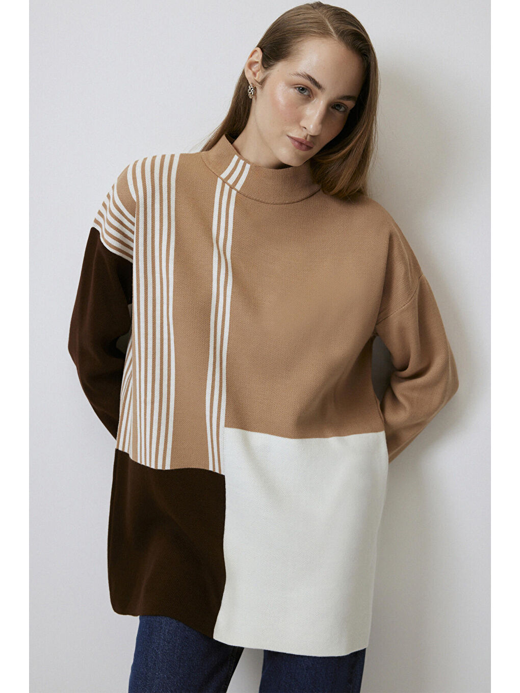 Touche Prive Kahverengi Dik Yaka Triko Tunik - 3