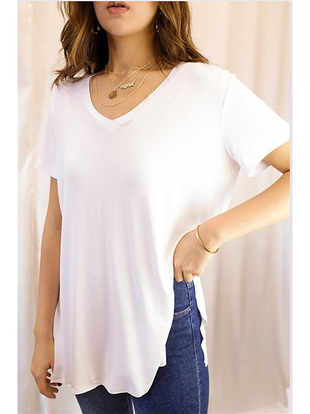 Beyaz V Yaka Salaş Kadın Tişört Mg310-1