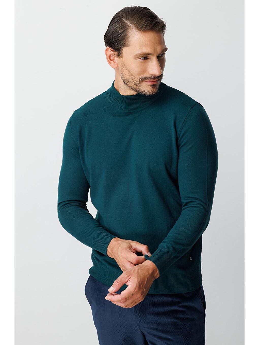 Yeşil Petrol Dar Kalıp Yarım Balıkçı Düz Uzun Kollu Triko-2