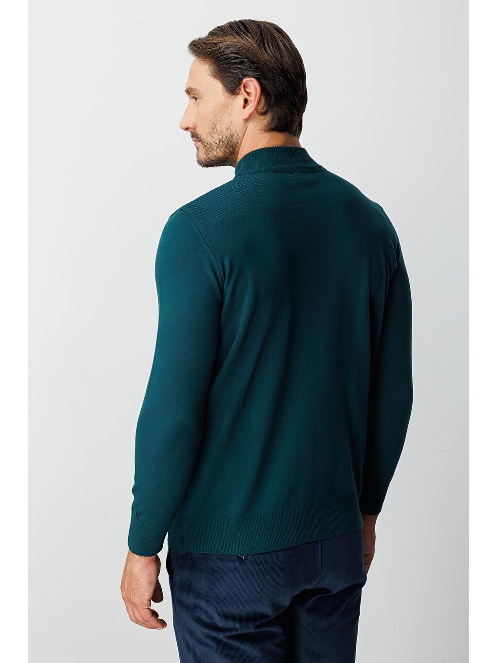 Yeşil Petrol Dar Kalıp Yarım Balıkçı Düz Uzun Kollu Triko-4