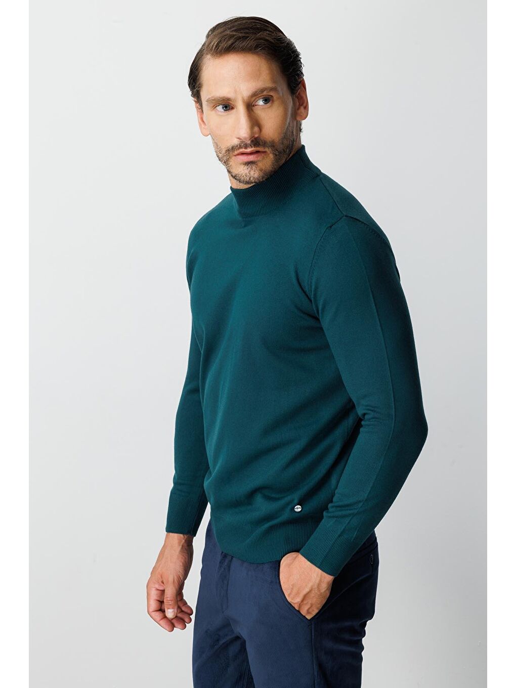 Yeşil Petrol Dar Kalıp Yarım Balıkçı Düz Uzun Kollu Triko-5