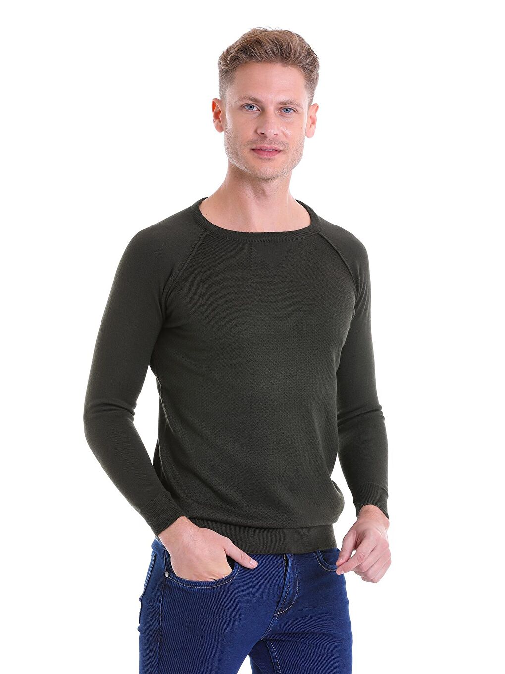 Haki Regular Fit Bisiklet Yaka Triko Yün Kazak-1