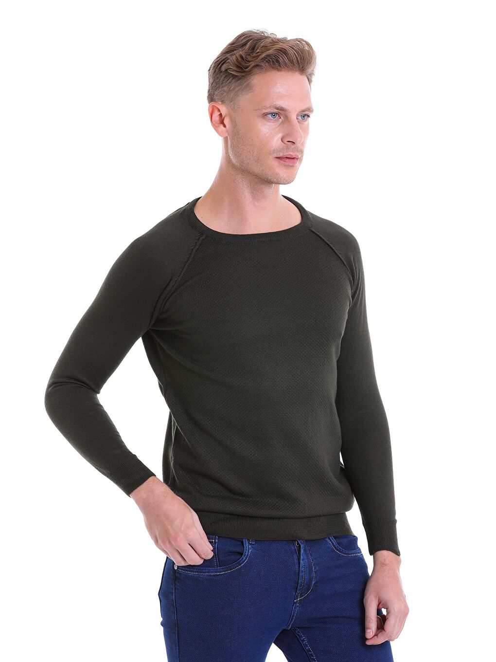 Haki Regular Fit Bisiklet Yaka Triko Yün Kazak-2