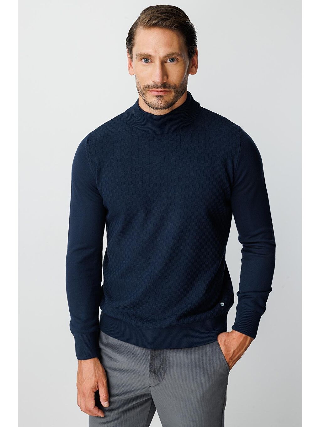 Lacivert Dar Kalıp Yarım Balıkçı Düz Uzun Kollu Triko