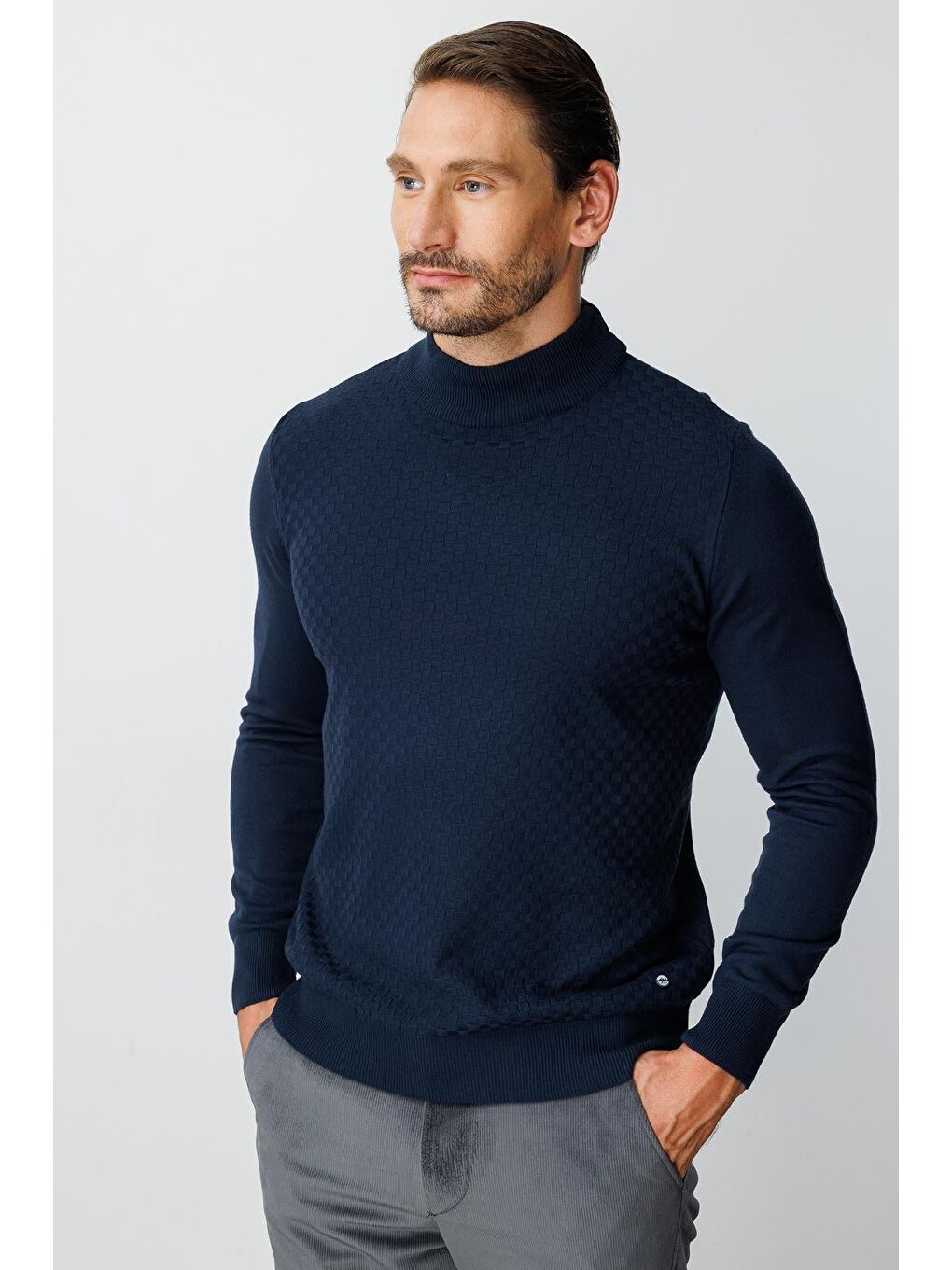 Lacivert Dar Kalıp Yarım Balıkçı Düz Uzun Kollu Triko-4