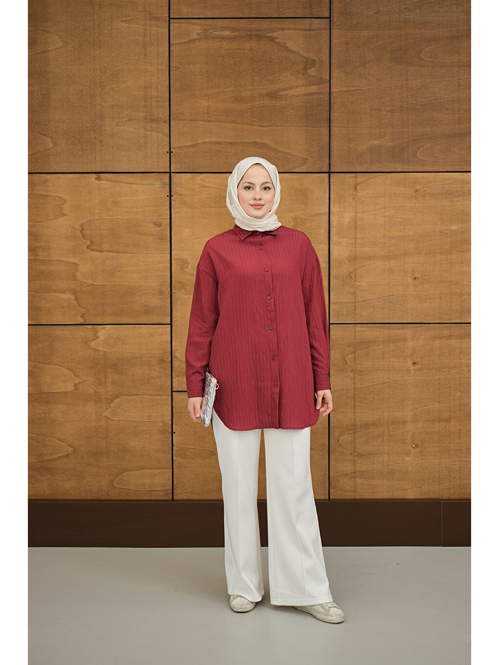 Kadın Krinkıl Kumaş Düğme Detay Gömlek Bordo-2
