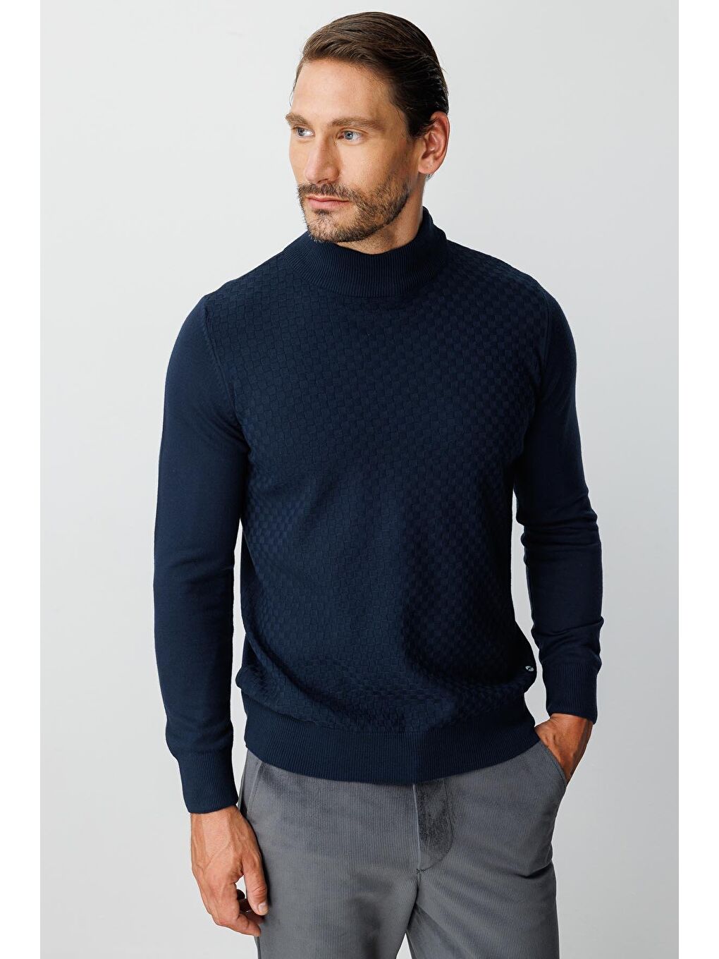 Lacivert Dar Kalıp Yarım Balıkçı Düz Uzun Kollu Triko-5