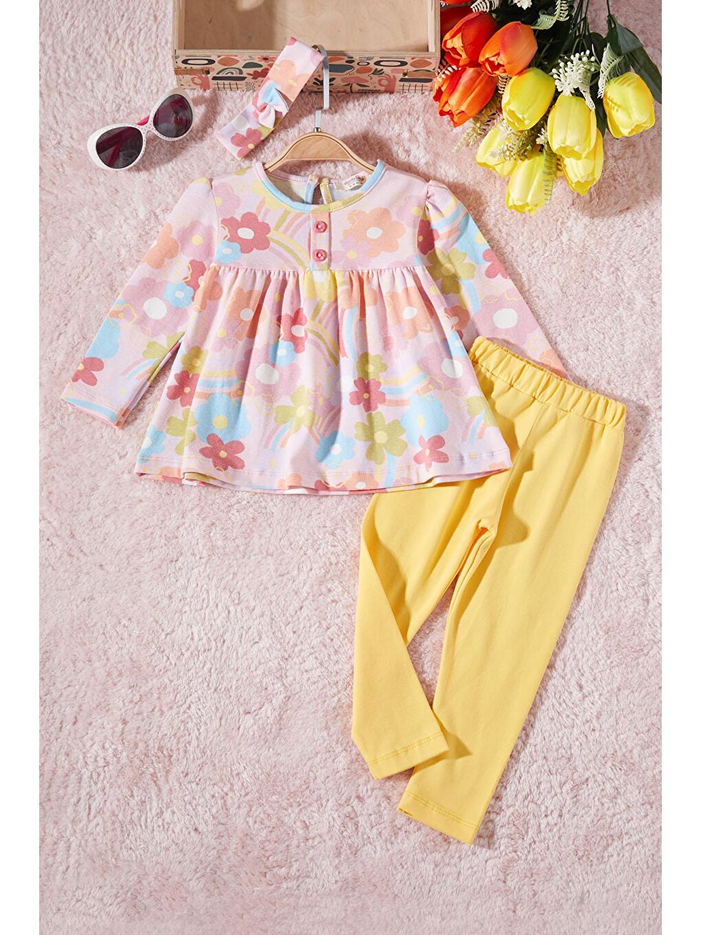 Pembe Çiçek Desenli Bandanalı Kız Bebek Takım 17391-1