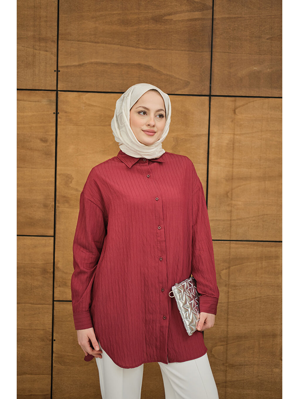 Kadın Krinkıl Kumaş Düğme Detay Gömlek Bordo-4