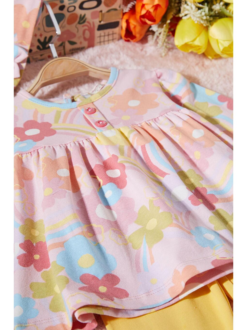 Pembe Çiçek Desenli Bandanalı Kız Bebek Takım 17391-2