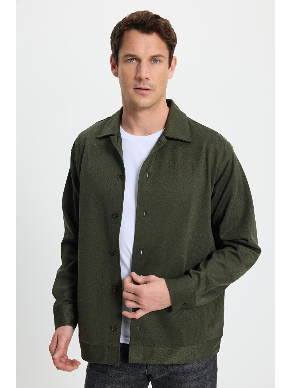 Erkek Relax Fit Rahat Kesim Düğmeli Yandan Cepli Örme Koyu Yeşil Ceket Gömlek