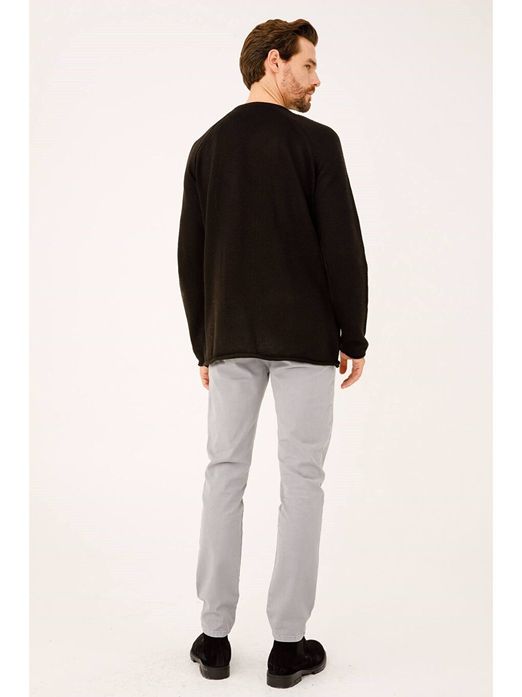 Siyah Rahat Kalıp Bisiklet Yaka Düz Uzun Kollu Triko-2