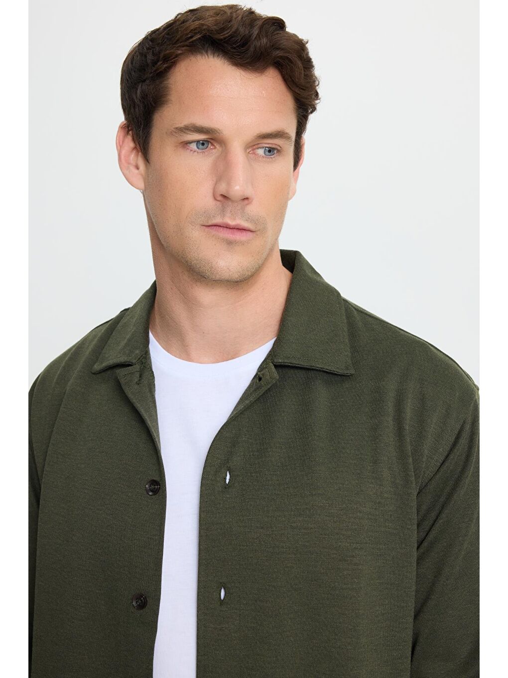 Erkek Relax Fit Rahat Kesim Düğmeli Yandan Cepli Örme Koyu Yeşil Ceket Gömlek-1