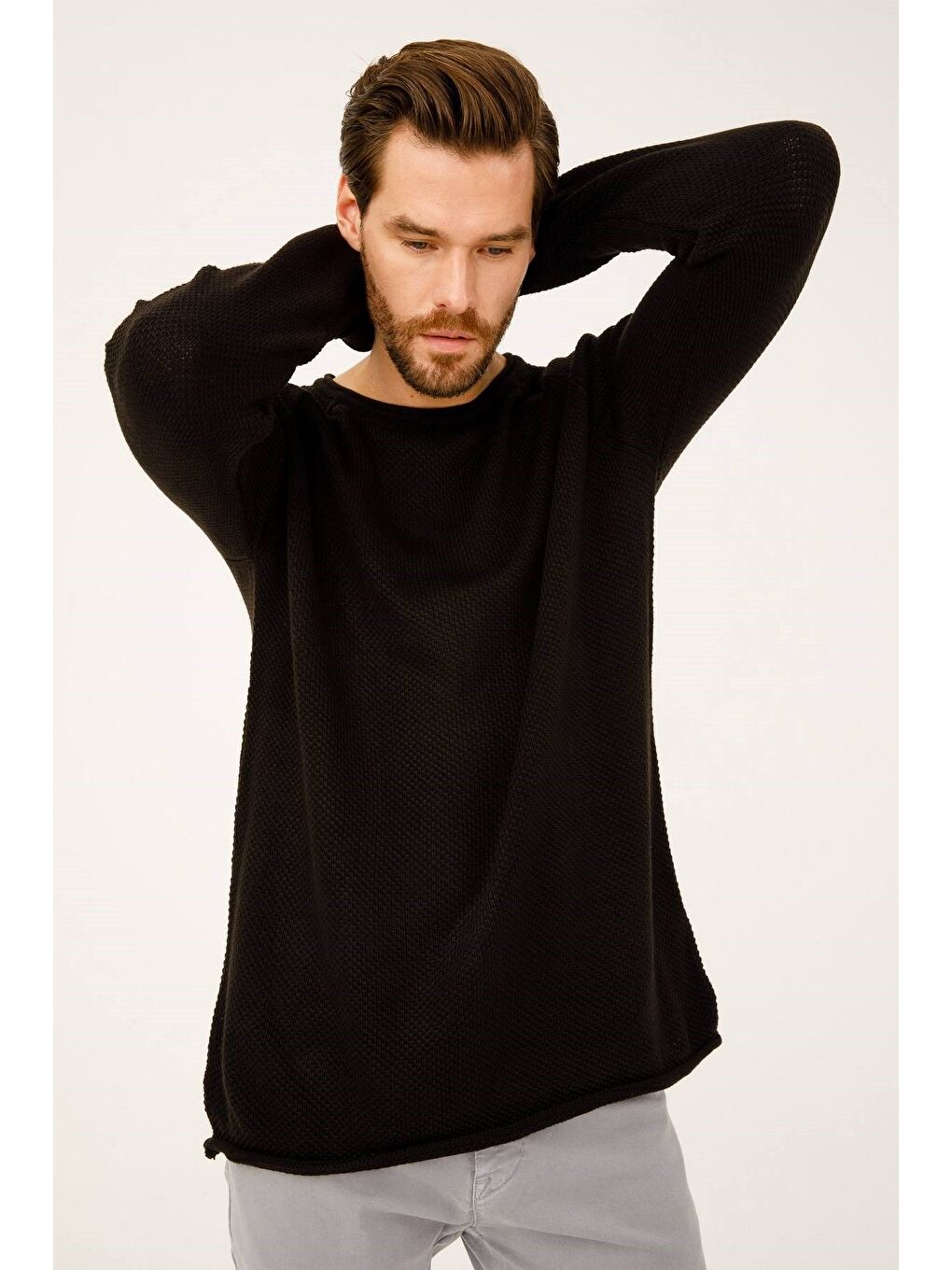 Siyah Rahat Kalıp Bisiklet Yaka Düz Uzun Kollu Triko-5