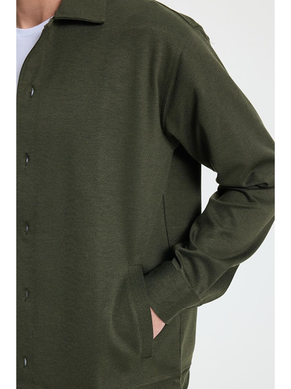 Erkek Relax Fit Rahat Kesim Düğmeli Yandan Cepli Örme Koyu Yeşil Ceket Gömlek-2