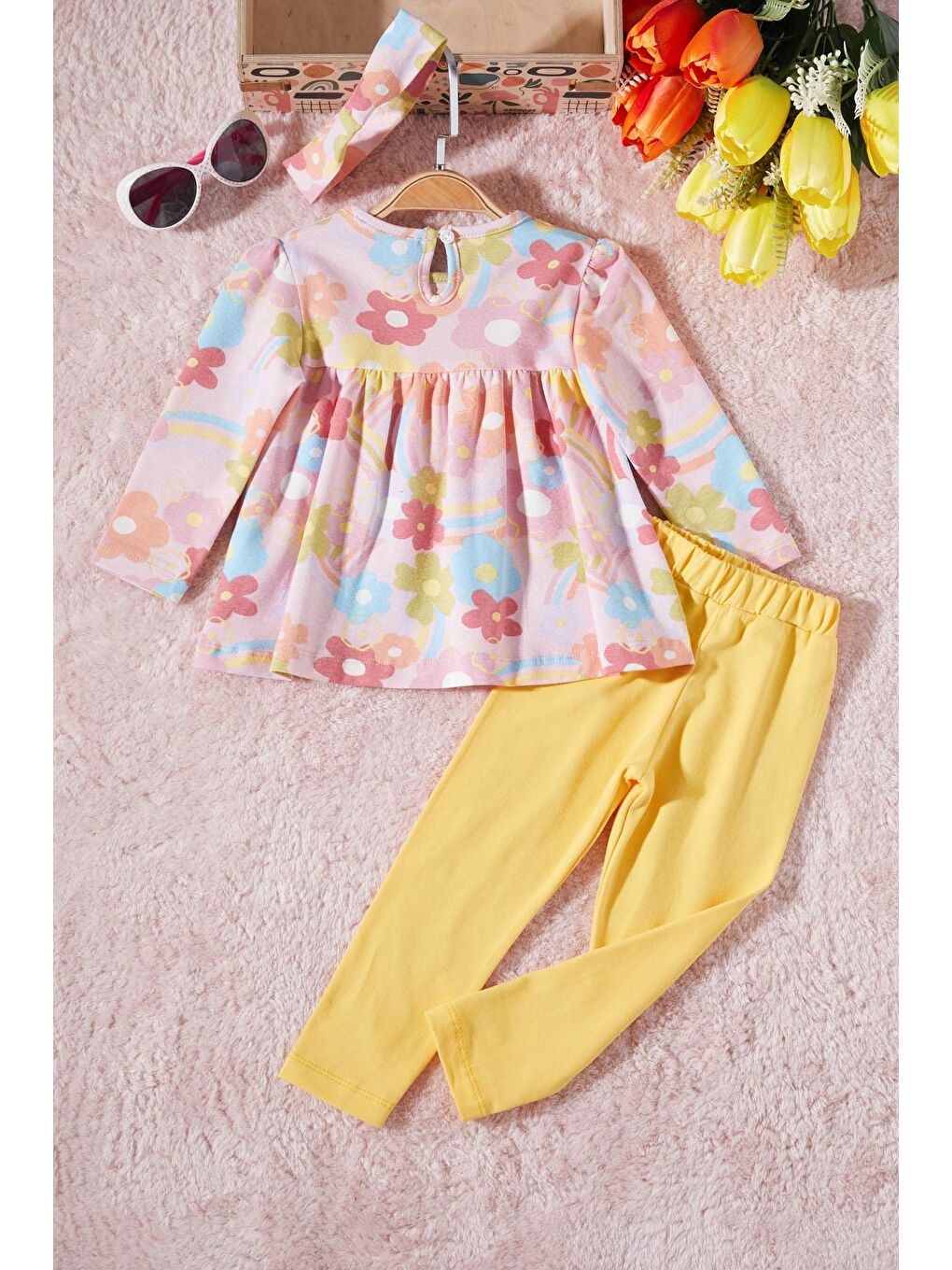 Pembe Çiçek Desenli Bandanalı Kız Bebek Takım 17391-4