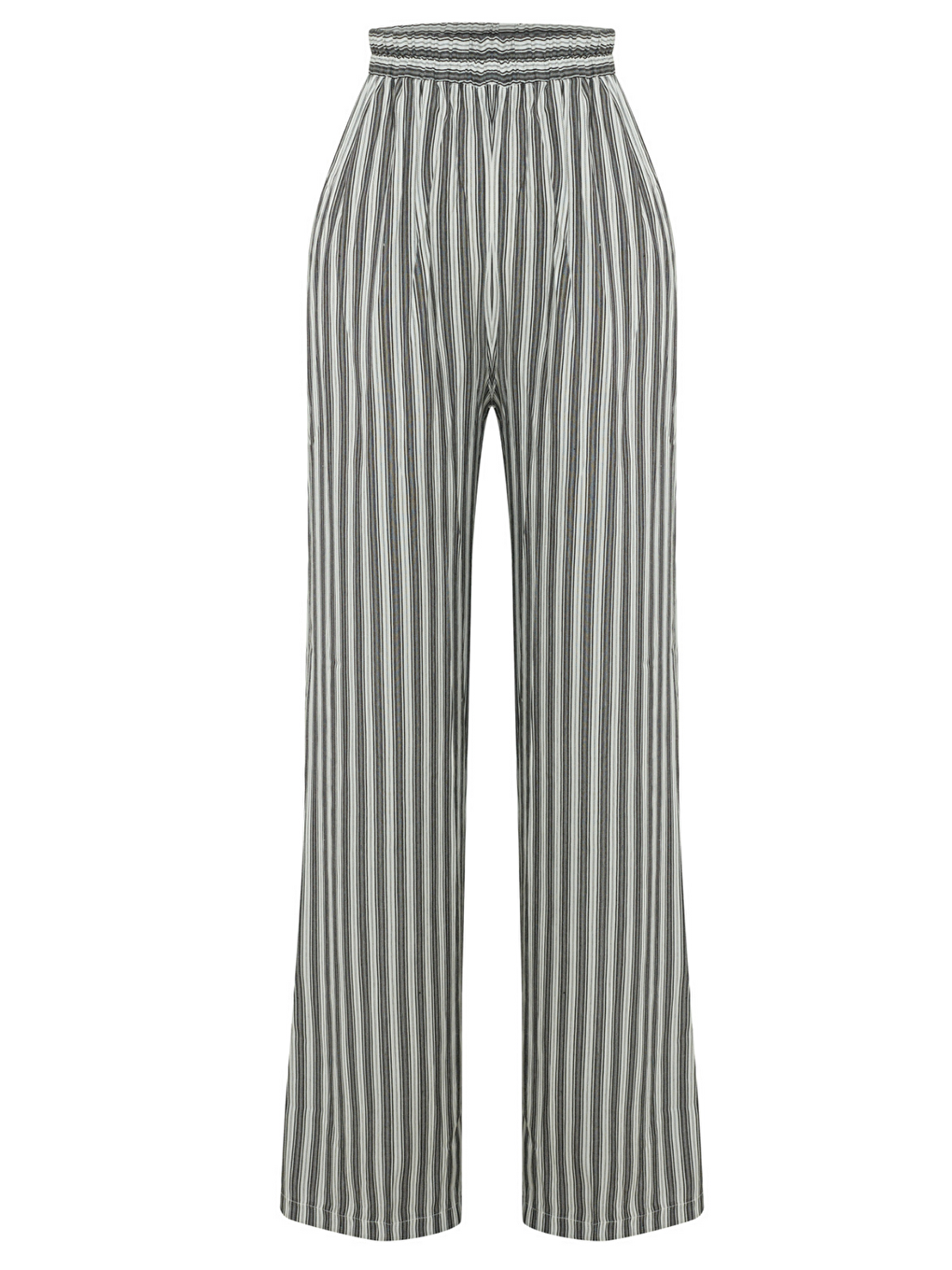 Çizgili Viskon Karışımlı Beli Lastikli Cepli Rahat Kesim Pantolon-Siyah