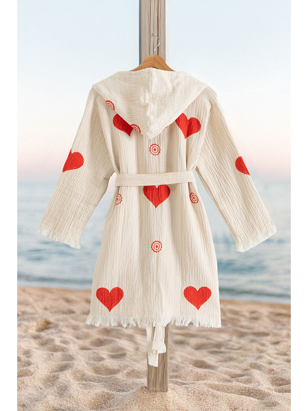 Ekru %100 Organik, El İşçiliği Taş Baskı Garson Boy Bornozu - Lovely-1