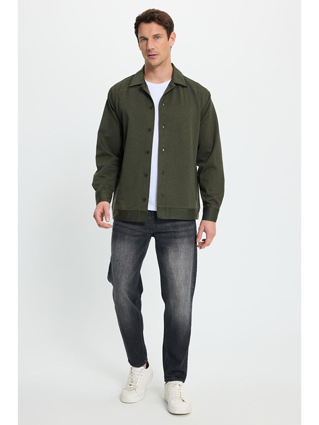 Erkek Relax Fit Rahat Kesim Düğmeli Yandan Cepli Örme Koyu Yeşil Ceket Gömlek-3