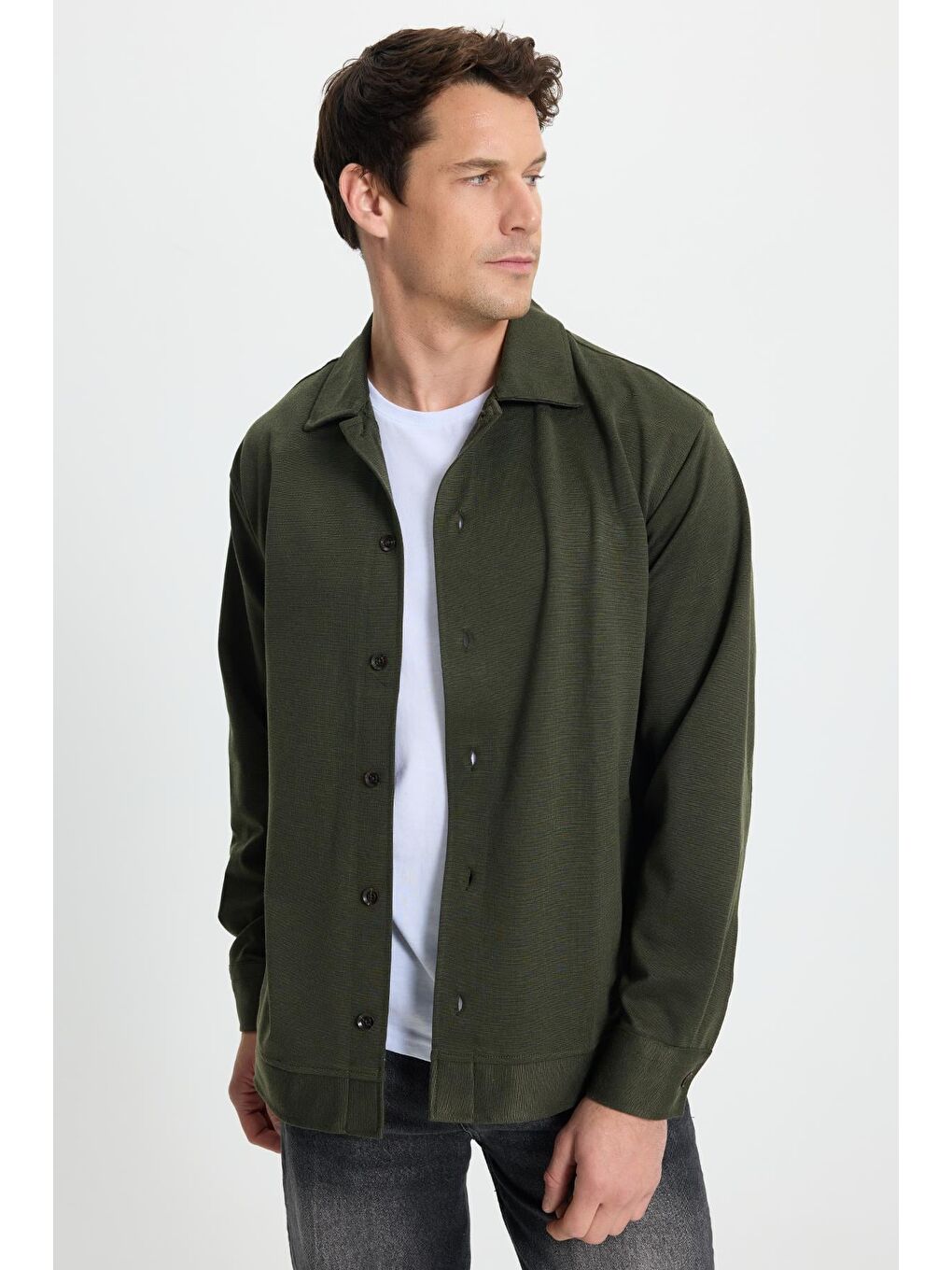 Erkek Relax Fit Rahat Kesim Düğmeli Yandan Cepli Örme Koyu Yeşil Ceket Gömlek-4