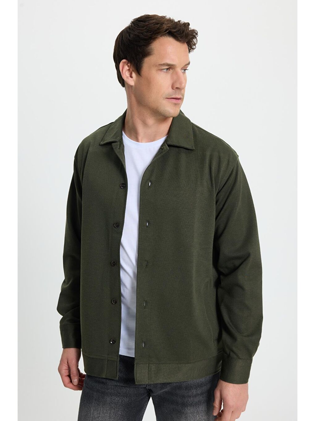 Erkek Relax Fit Rahat Kesim Düğmeli Yandan Cepli Örme Koyu Yeşil Ceket Gömlek-5