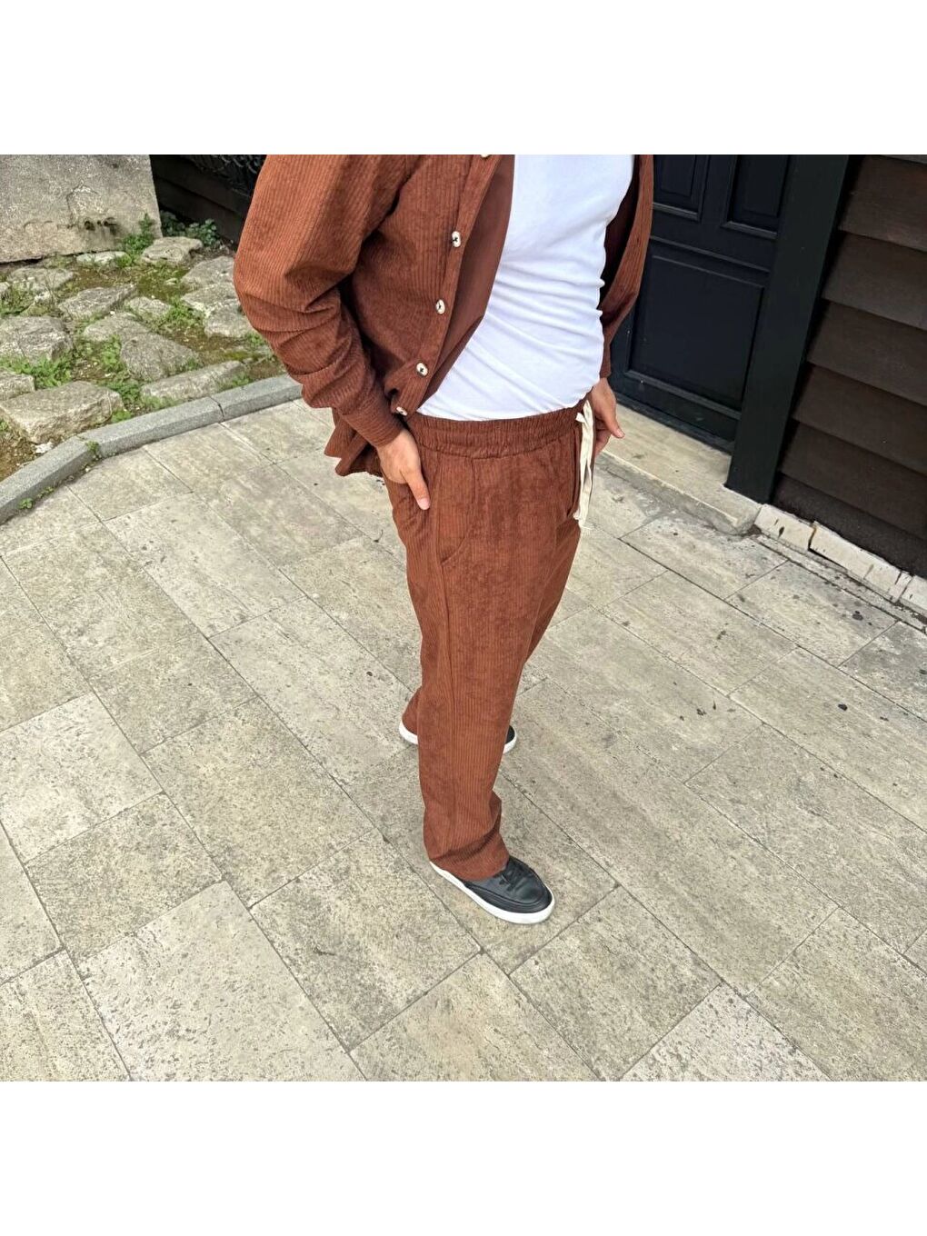 Erkek Fitilli Kadife Cepli Buggy Pantolon Oversize Rahat Kalıp - Kahverengi-1