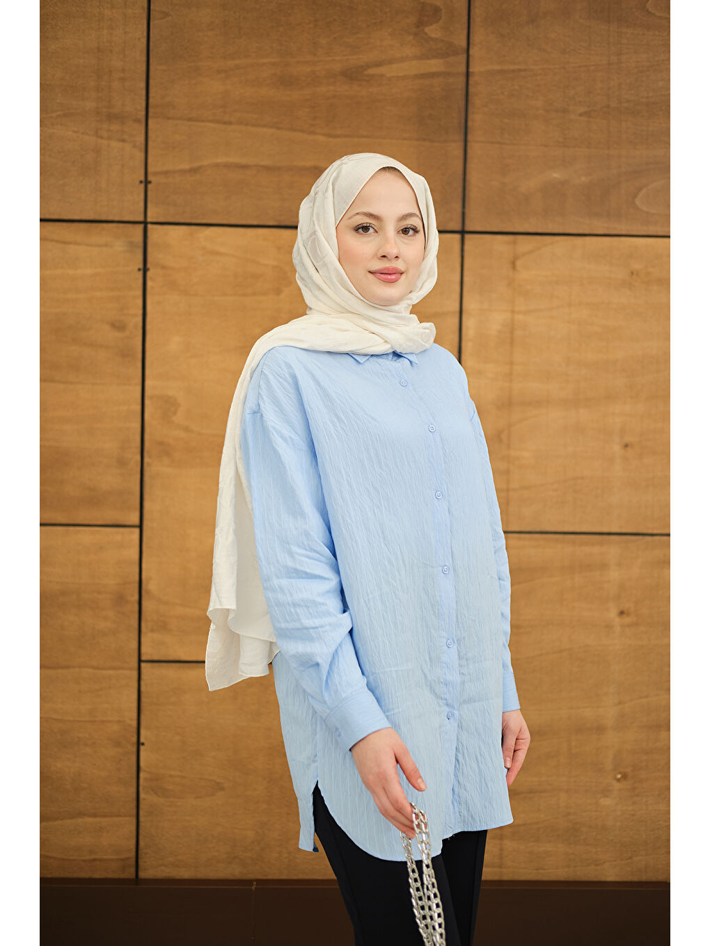 Kadın Krinkıl Kumaş Düğme Detay Gömlek Bebe Mavi-1