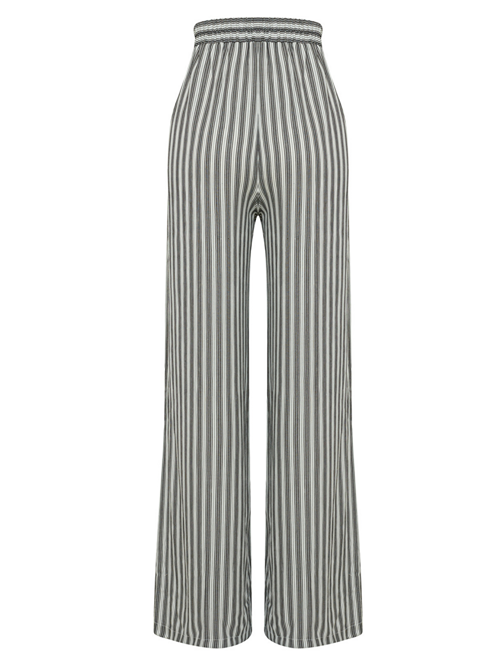 Çizgili Viskon Karışımlı Beli Lastikli Cepli Rahat Kesim Pantolon-Siyah-1