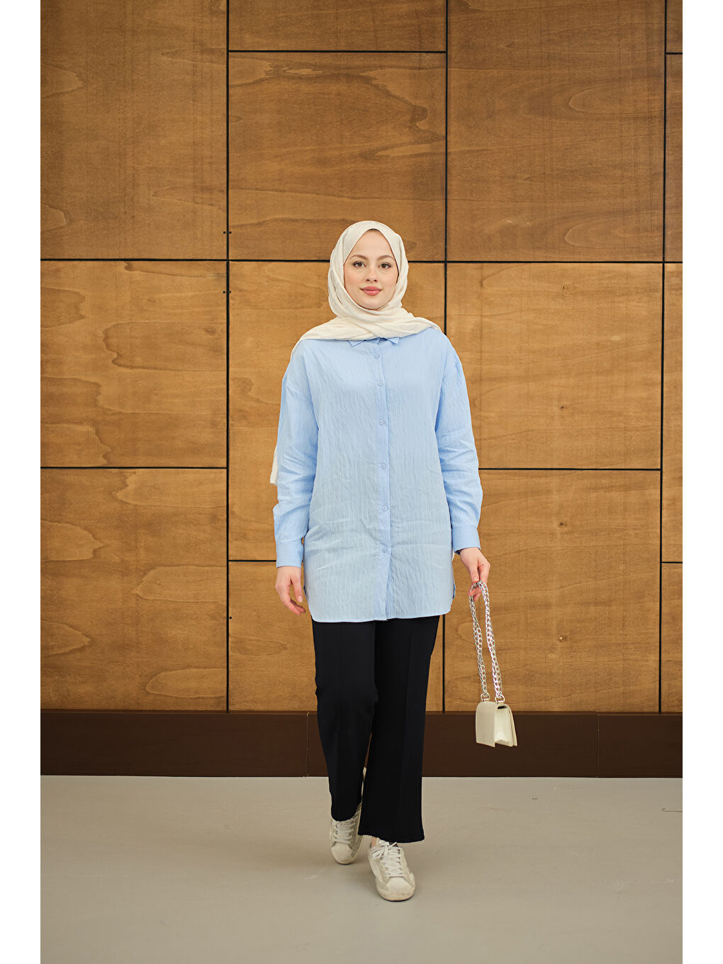 Kadın Krinkıl Kumaş Düğme Detay Gömlek Bebe Mavi-2