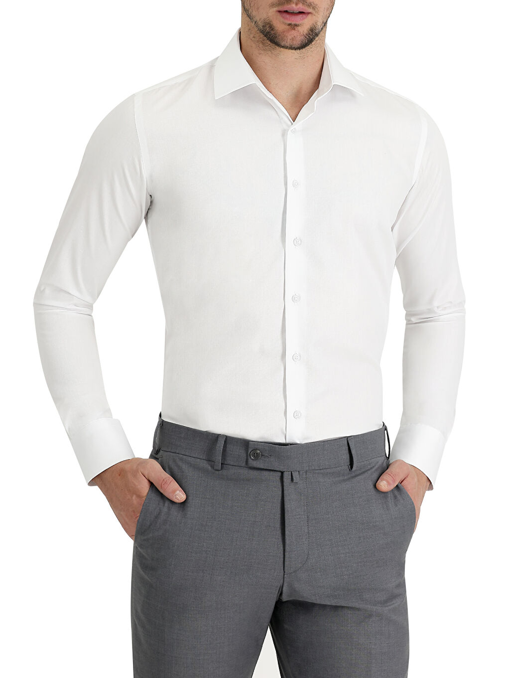 Beyaz Uzun Kol Slim Fit Dar Kesim Klasik Non Iron Saten Pamuklu Büyük Beden Gömlek-1