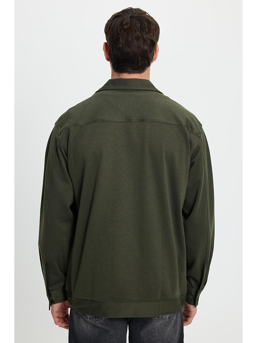 Erkek Relax Fit Rahat Kesim Düğmeli Yandan Cepli Örme Koyu Yeşil Ceket Gömlek-7