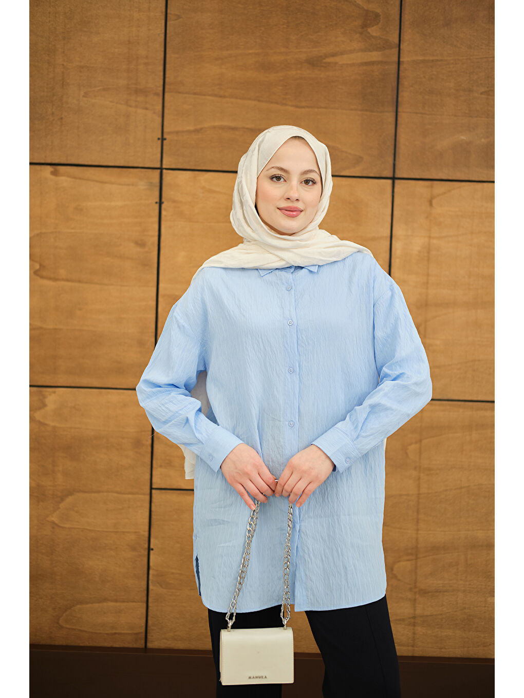 Kadın Krinkıl Kumaş Düğme Detay Gömlek Bebe Mavi-3