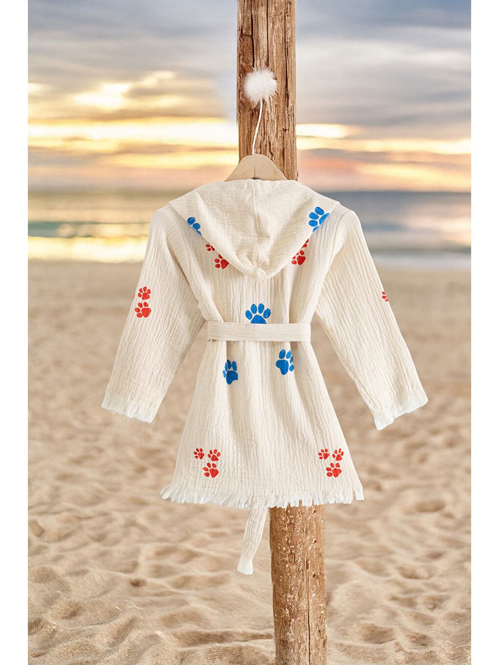 Ekru %100 Organik, El İşçiliği Taş Baskı Çocuk Bornozu - Pati-1