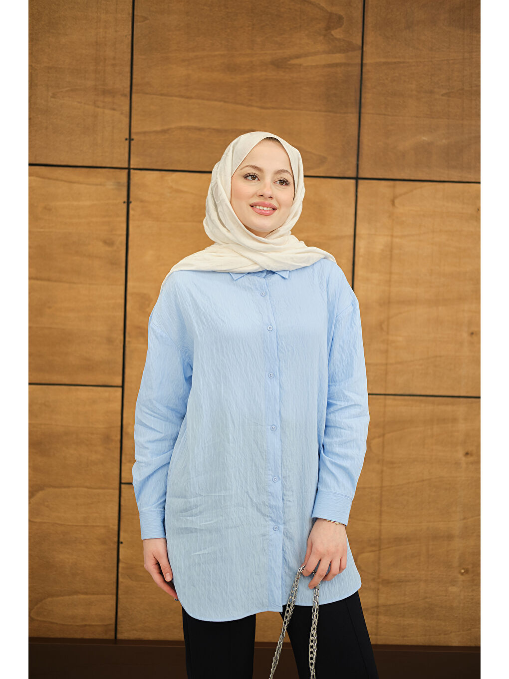 Kadın Krinkıl Kumaş Düğme Detay Gömlek Bebe Mavi-4
