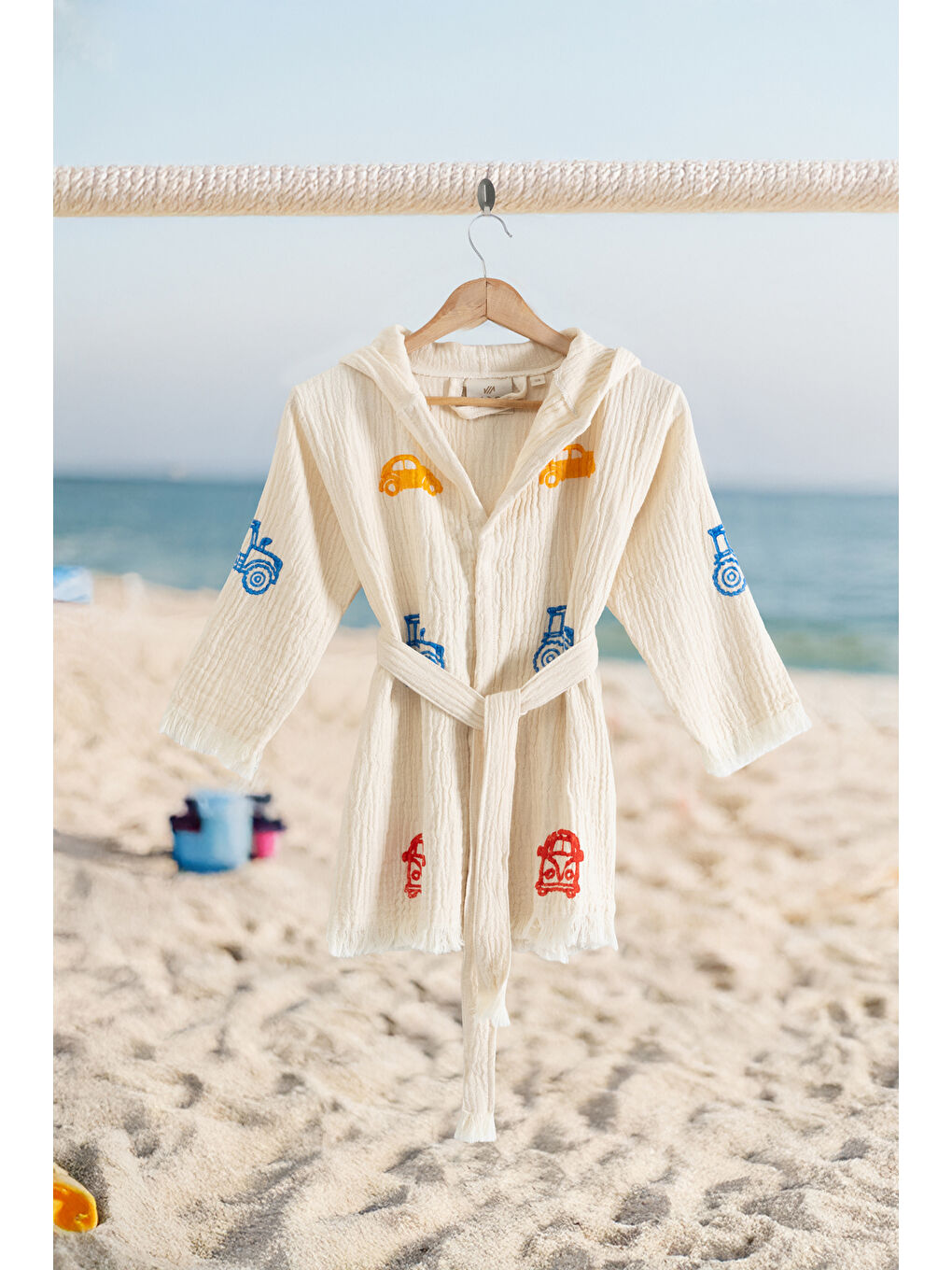 Ekru %100 Organik, El İşçiliği Taş Baskı Çocuk Bornozu - Trafik