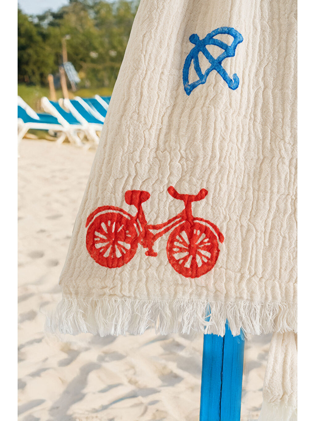 Ekru %100 Organik, El İşçiliği Taş Baskı Garson Boy Bornozu - Bisiklet-2