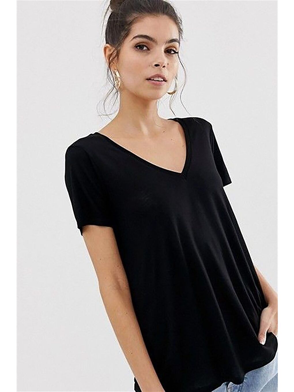 Siyah V Yaka Salaş Kadın Tişört Mg310-2